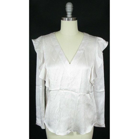 Rebecca Taylor Tops - REBECCA TAYLOR Size 2 Ivory Long Sleeve Ruffle Hammered Silk V neck Blouse Top